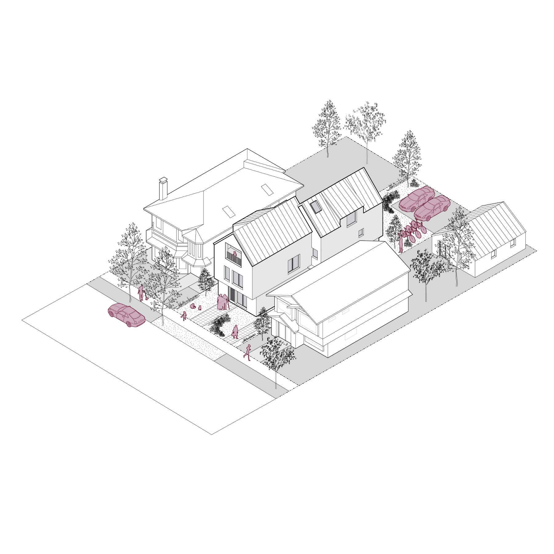 This 3D line representation of the building, allowing you to see the structure from an angled perspective. The image highlights the spatial relationships between different parts of the building, including the exterior walls, roof, and possibly some interior elements. 